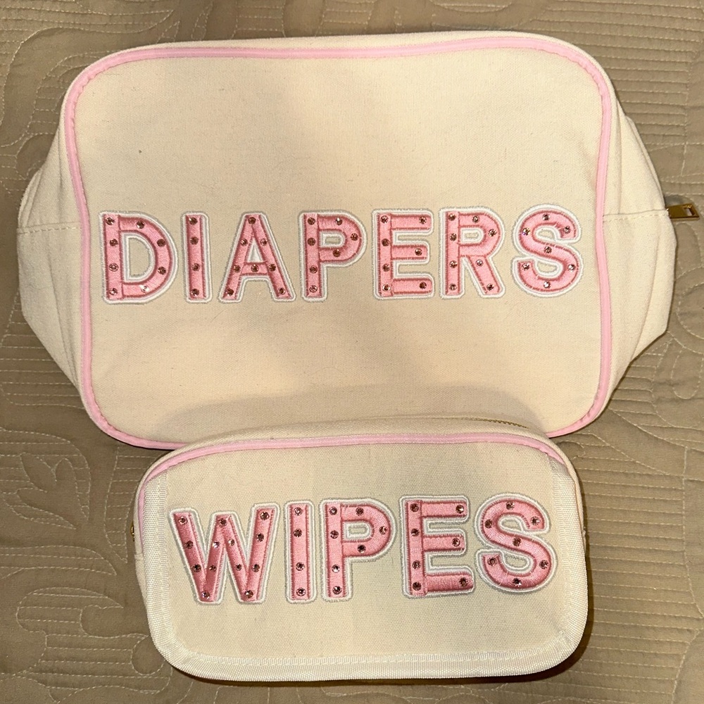 Swarovski crystal embellished travel diaper bag with matching wipes case.